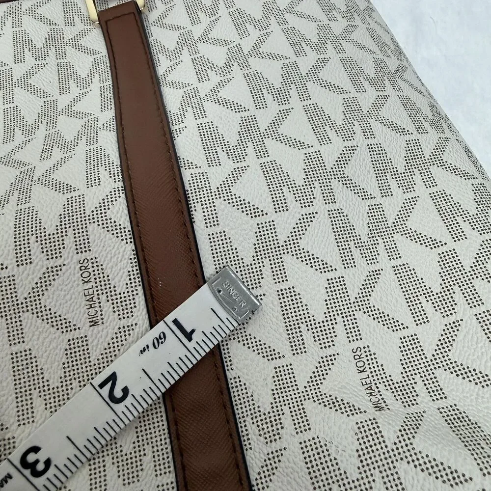 Michael Kors Tote Bag Womens Large Beige Logo Canvas Leather Trim Zip Gold Charm